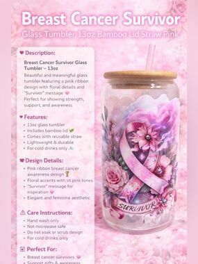 Breast Cancer Survivor Glass Tumbler 13oz w/ Bamboo Lid Straw Pink